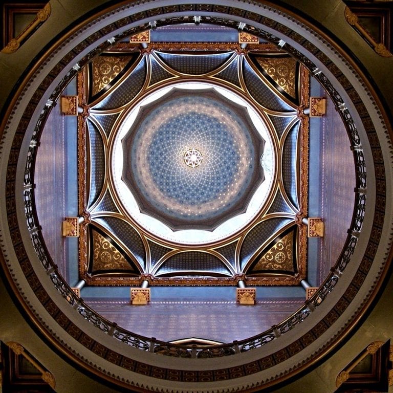 Ornate dome ceiling inside the Connecticut State Capitol.
