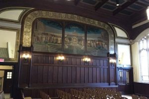 BC Gasson Hall Completed wood paneling with finish stain and varnish.