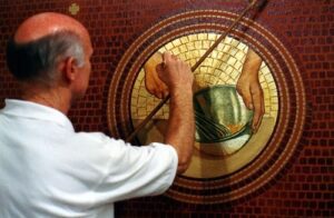 CIA new art work of trompe l’oeil mosaics featuring images of food preparation in progress