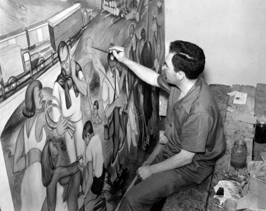 Arthur Esner painting Industry in New Hampshire mural in 1940